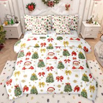 Feelyou Ribbon Xmas Tree Bedding Comforter Set 7 Pieces, Kawaii Santa Claus Full Bedding Set, Dreamy Winter Snowflake Reversible Fitted Sheet Flat Sheet, Microfiber Bedroom Decor