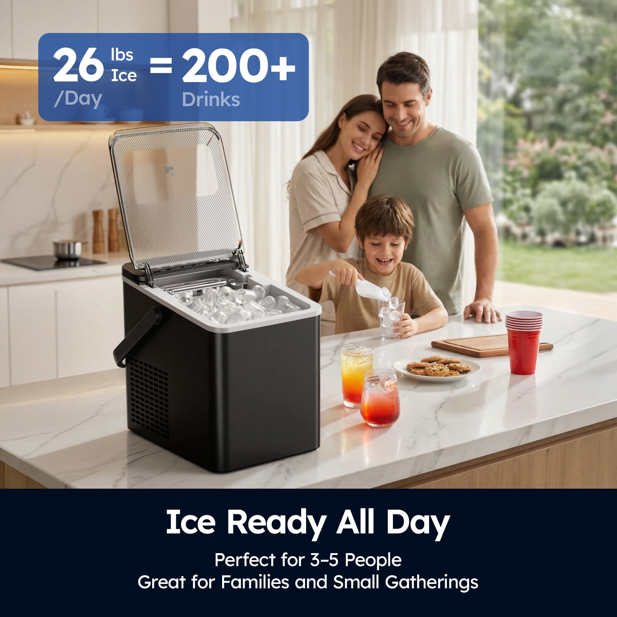 SIMZLIFE Portable Countertop Ice Maker Machine, 26 lbs Ice Per Day, 9 Bullet Ice Cubes Ready in 6 Minutes, Small & Large Ice Sizes, Self-Cleaning, 1.1L Water Tank, Ice Scoop & Basket, Black