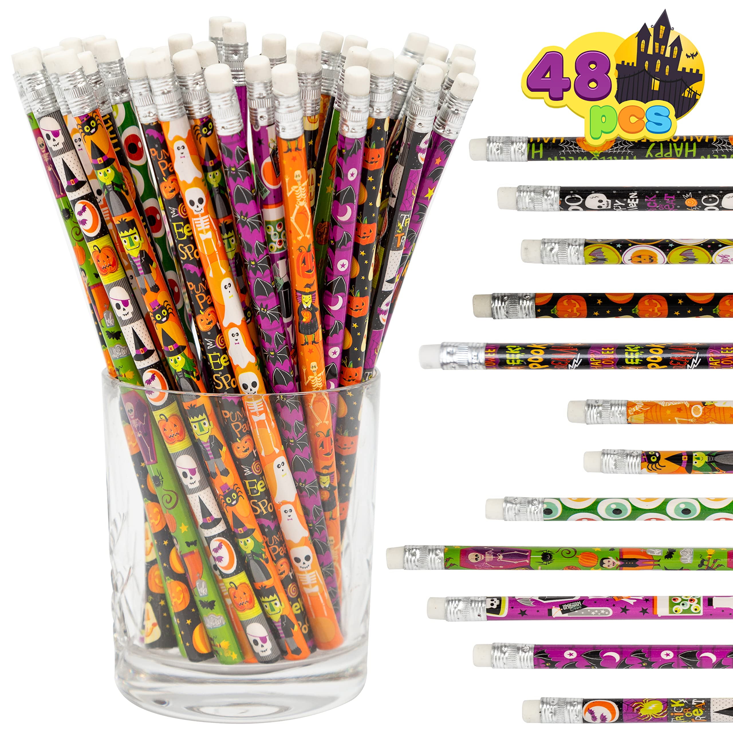 JOYIN 48 Pack Halloween Pencil Assortment with Eraser in 12 Design
