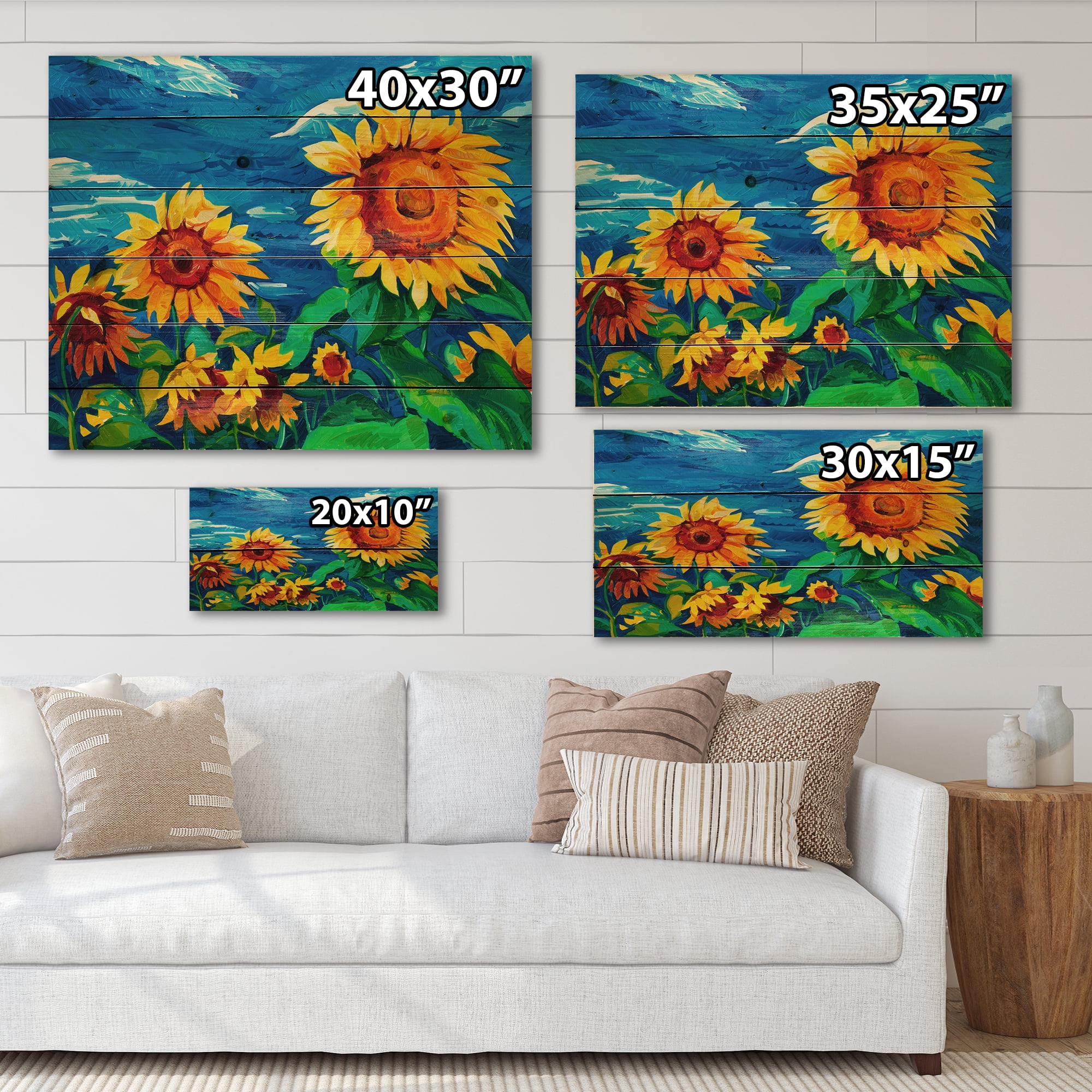 Designart 'Sunflowers Field Under A Bright Blue Sky' Traditional Print on Natural Pine Wood