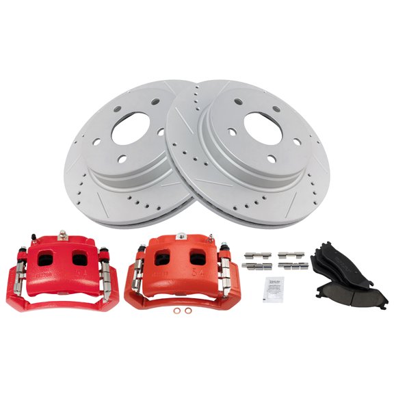 TRQ Front Performance Brake Pad & Rotor Kit Brake Caliper Brake Pads Brake Rotors Set Ceramic Premium G-Coated Red Fits Select 2004-2006 Dodge Durango 2003-2005 Ram 1500