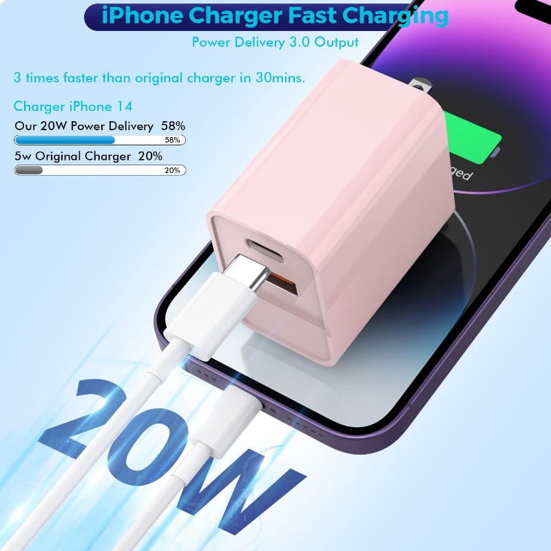 15 Charger Block, 2-Pack 20W Dual Port PD Fast USB C Wall Charger Adapter + USB A Fast Charging Brick Plug, Compatible with 15/14/13/12/11/Pro Max/Plus/XS/XR/X, AirPods, Etc.
