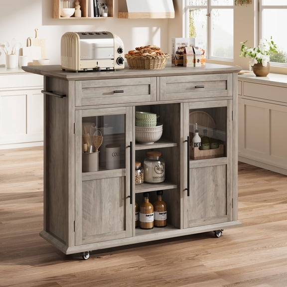 TROPOW Kitchen Island Cart on Wheels with Foldable Table, 2-Tier Rolling Kitchen Cart with Storage Shelf & Towel Rack, Mobile Workstation for Small Spaces