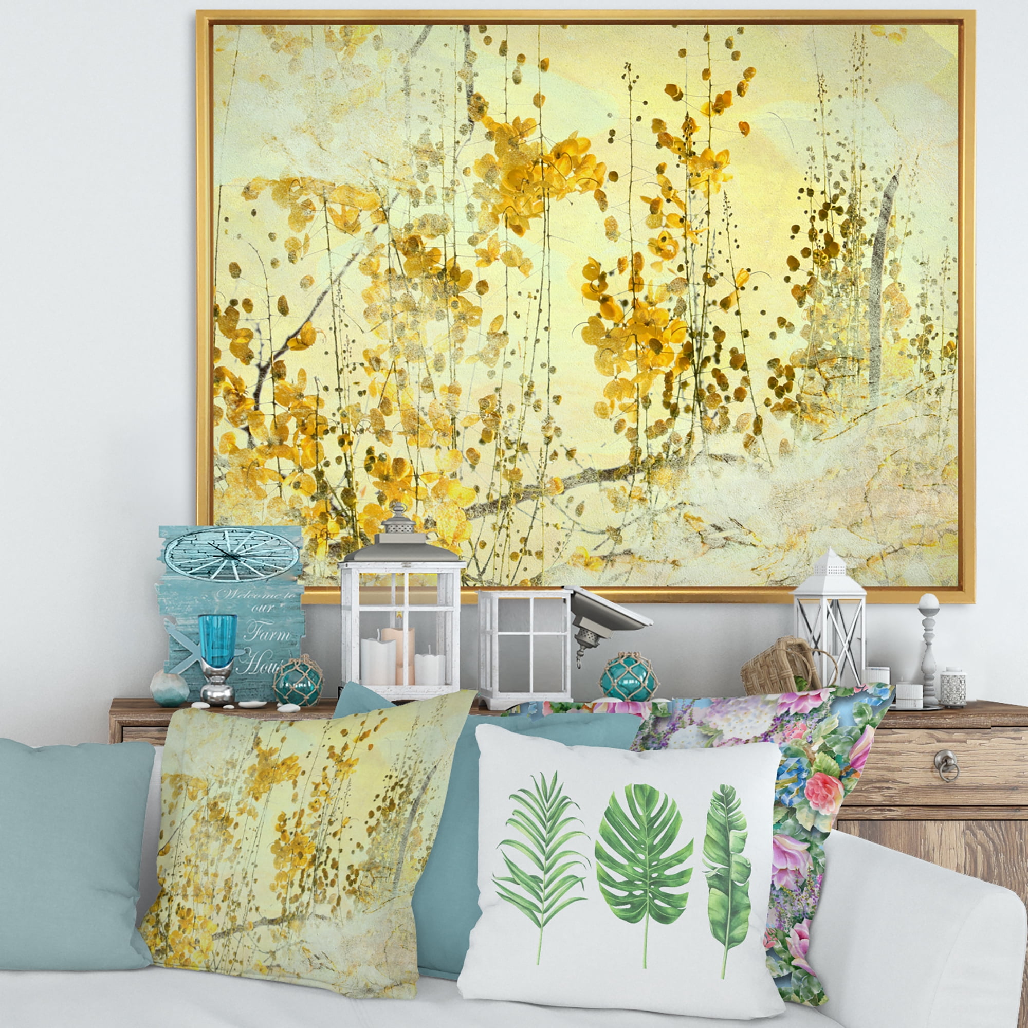 Designart 'Abstract Yellow Flower Grunge Art' Modern Framed Canvas Wall Art Print