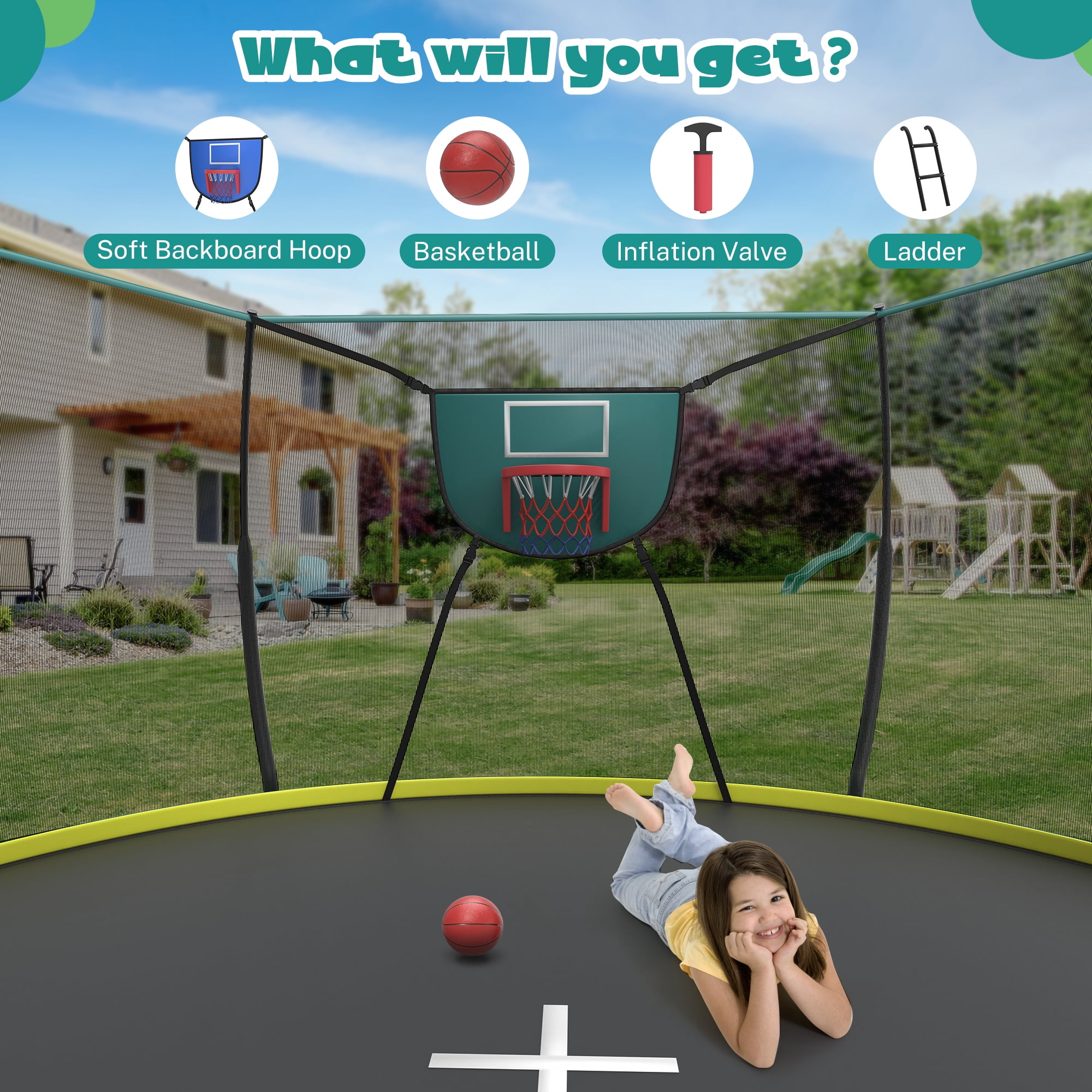 12FT Trampoline for Kids with No-gap Design, SHINPT Outdoor Trampoline with Basketball Hoop, 12FT Kids Trampoline with 1200LBS Capacity, Big Trampoline Outdoor for Backyard, Large Trampoline Outdoor