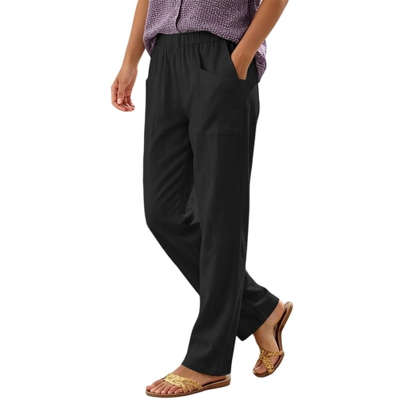 Oiangi Pants for Women Elastic Waist Straight Leg Pant Fall Casual Daily Wear Trousers with Pockets Black S