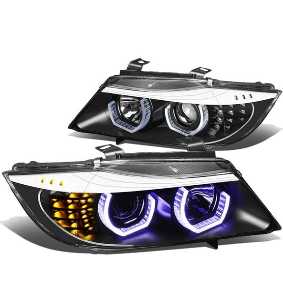 DNA Motoring Dual Blue LED Crystal U-Halo Projector Headlights for 2006-2008 BMW 3-Series E90, Black