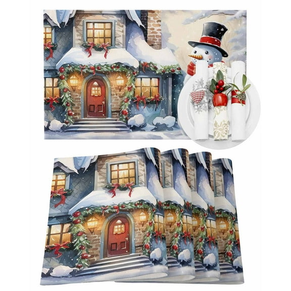 Christmas Snowman Placemats Set of 8 Candy House Heat Insulation Washable Place Mats, Rustic Non-Slip Table Mats for Dining Table Party Kitchen Decor,13x19 Inch