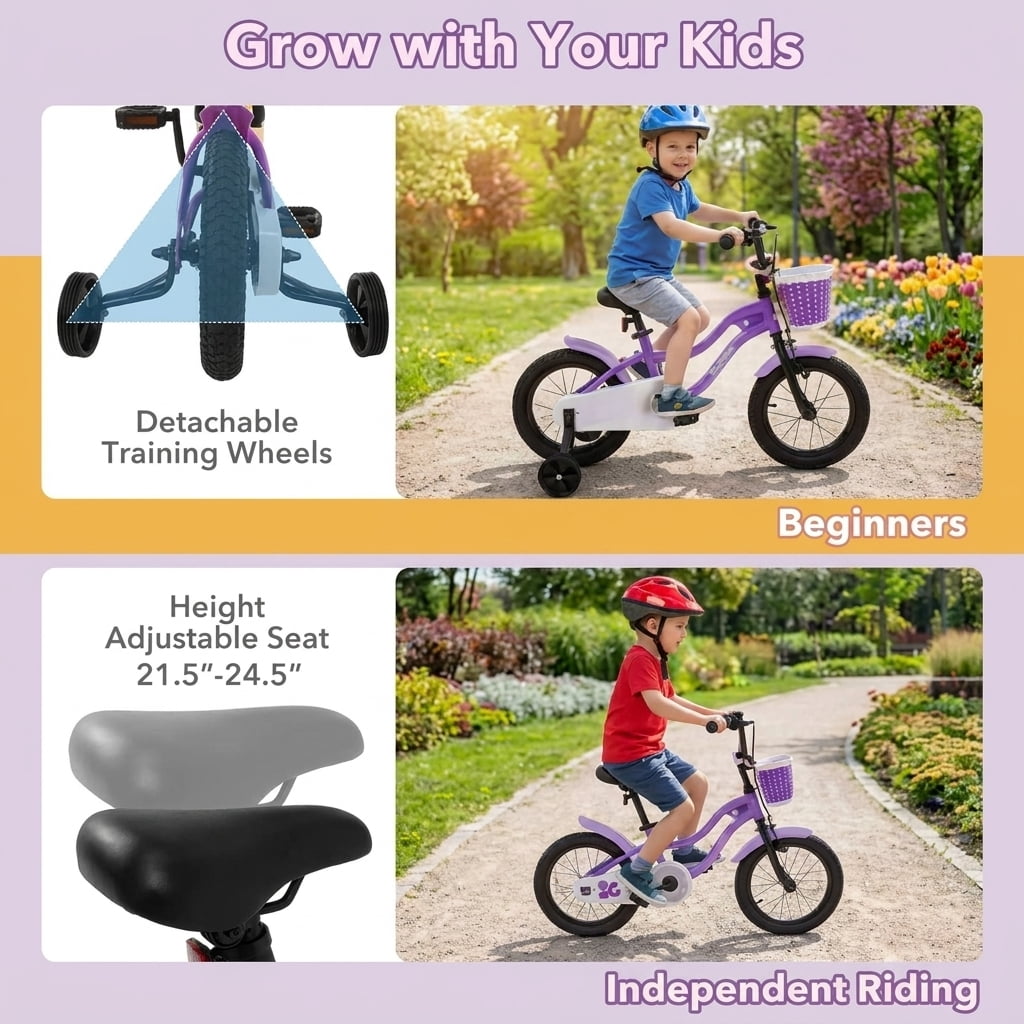 Redsmile Kids Bike 12 Inch with Training Wheels for Boys Girls Aged 3-4 Years Old, Toddler Bicycle with Adjustable Seat and Rider Height 31.5"-41.3", 110 lb Capacity, Purple