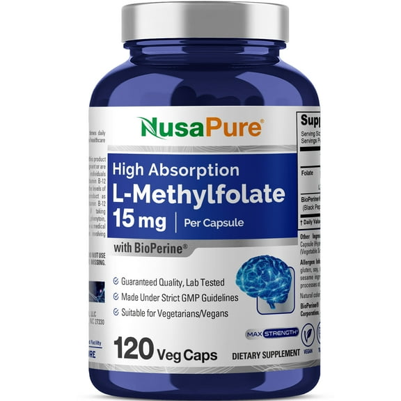 NusaPure L-Methylfolate 15mg: Enhance Unisex Wellness with 120 Veggie Capsules featuring Bioperine - Optimize Health Through Dietary Supplements for Adults