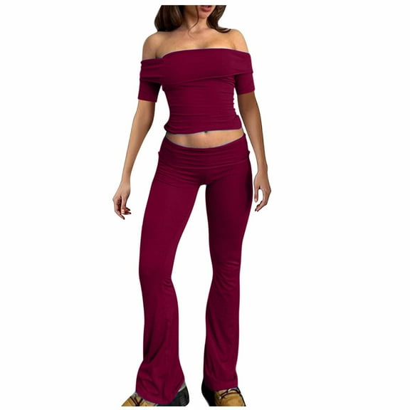 Two Piece Flare Pants Set for Women Going Out Off Shoulder Top and Bell Bottom Leggings Slim Fit Sports Yoga Outfits (X-Large, Wine|Short-sleeve)
