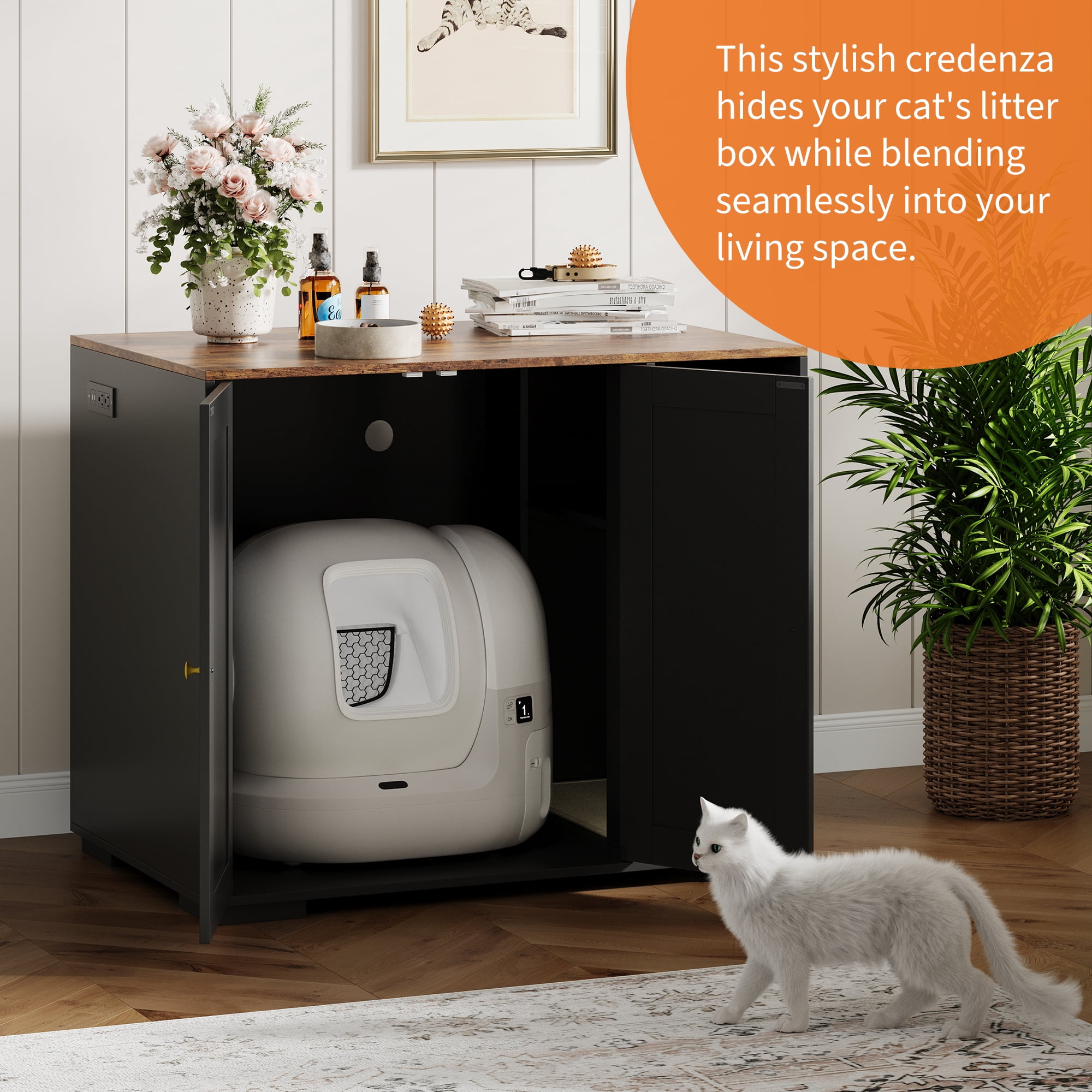 Extra-Large Cat Litter Box Cabinet with Scratch Pad – Dog-Proof Enclosure with Outlet, Large Automatic Litter Box Furniture and Storage for Cat Essentials
