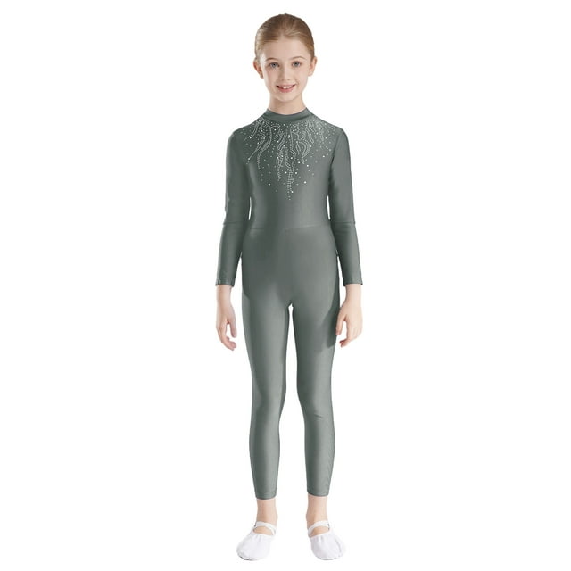 YONGHS Kids Girls Shiny Rhinestone Dance Unitard Long Sleeve Skating Jumpsuit One Piece Bodysuit Gray 10