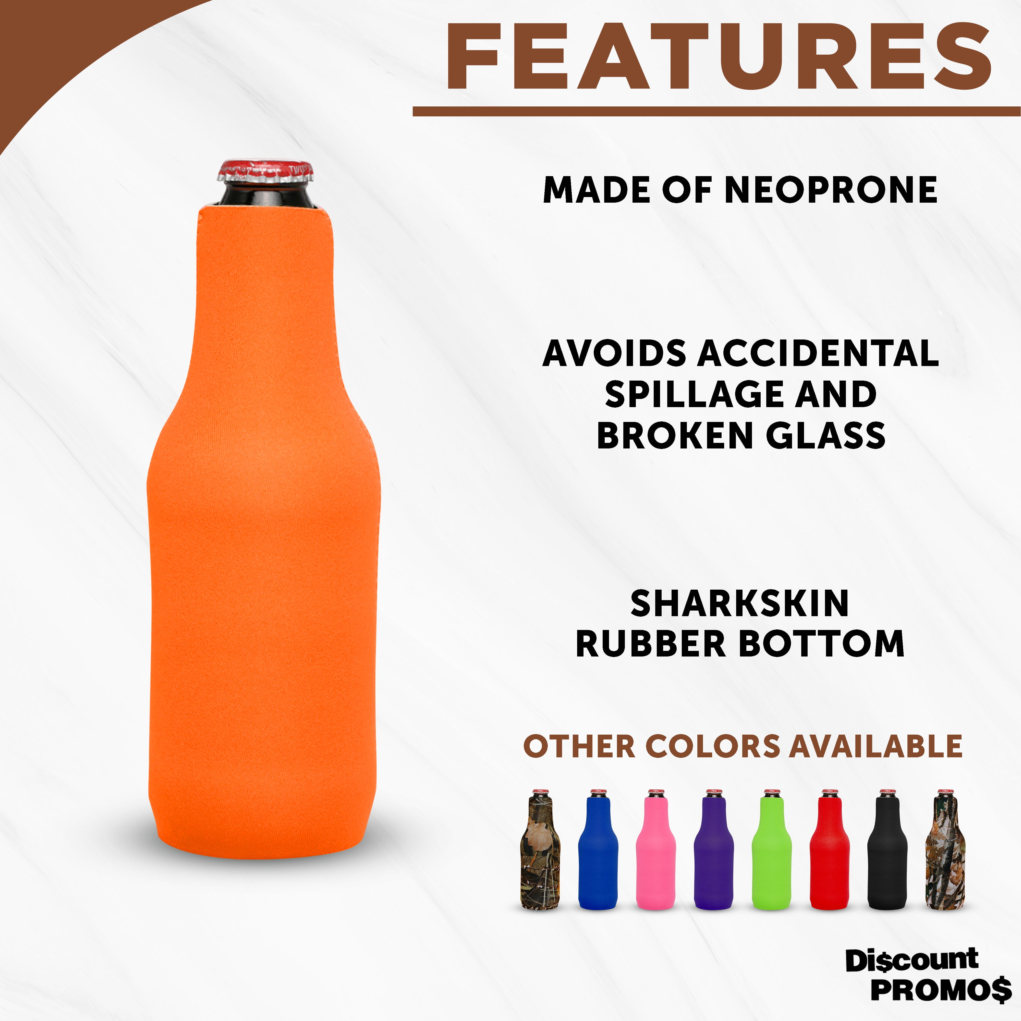 10 Neoprene Zippered Beer Bottle Coolies Pack - Sharkskin Rubber Bottom - Neon Orange
