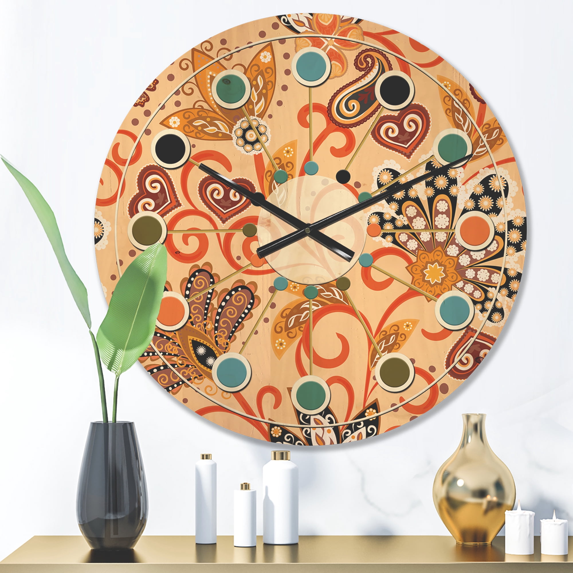 Designart 'Indian Floral Batik Retro II' Mid-Century Modern Wood Wall Clock