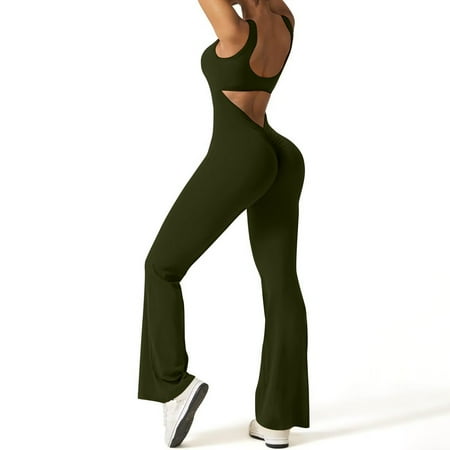 Phina Flare Jumpsuits for Women V Neck Bodycon Full Length Casual Unitard Bodysuit Playsuit Army Green M