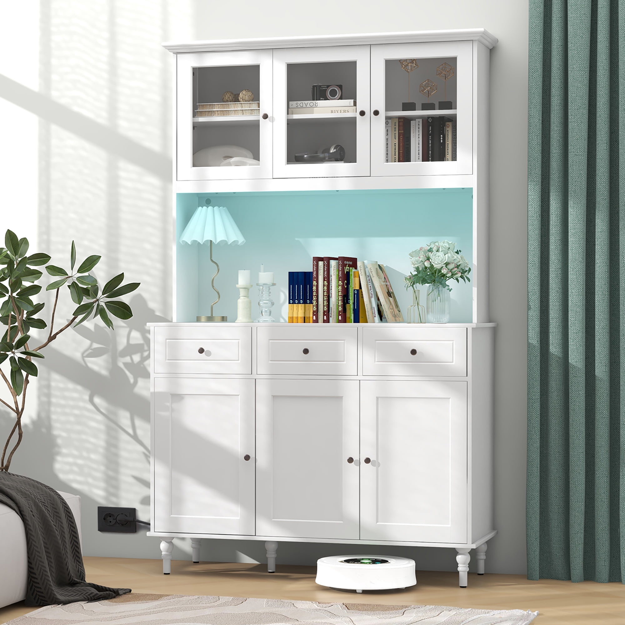 Gymax 77'' Tall Kitchen Pantry Storage Cabinet with LED Lights and Power Outlets