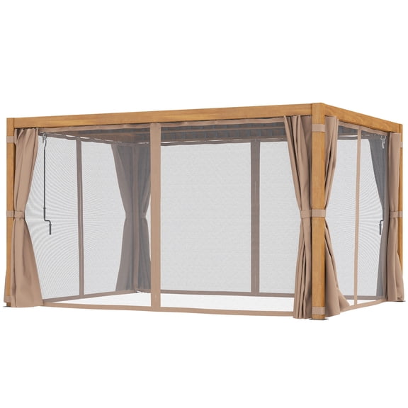 Homiyad 10' x 13' Outdoor Retractable Pergola w/ Sun Shade Louvered Top, Pergola w/ Canopy, Curtains, Netting, Natural Wood