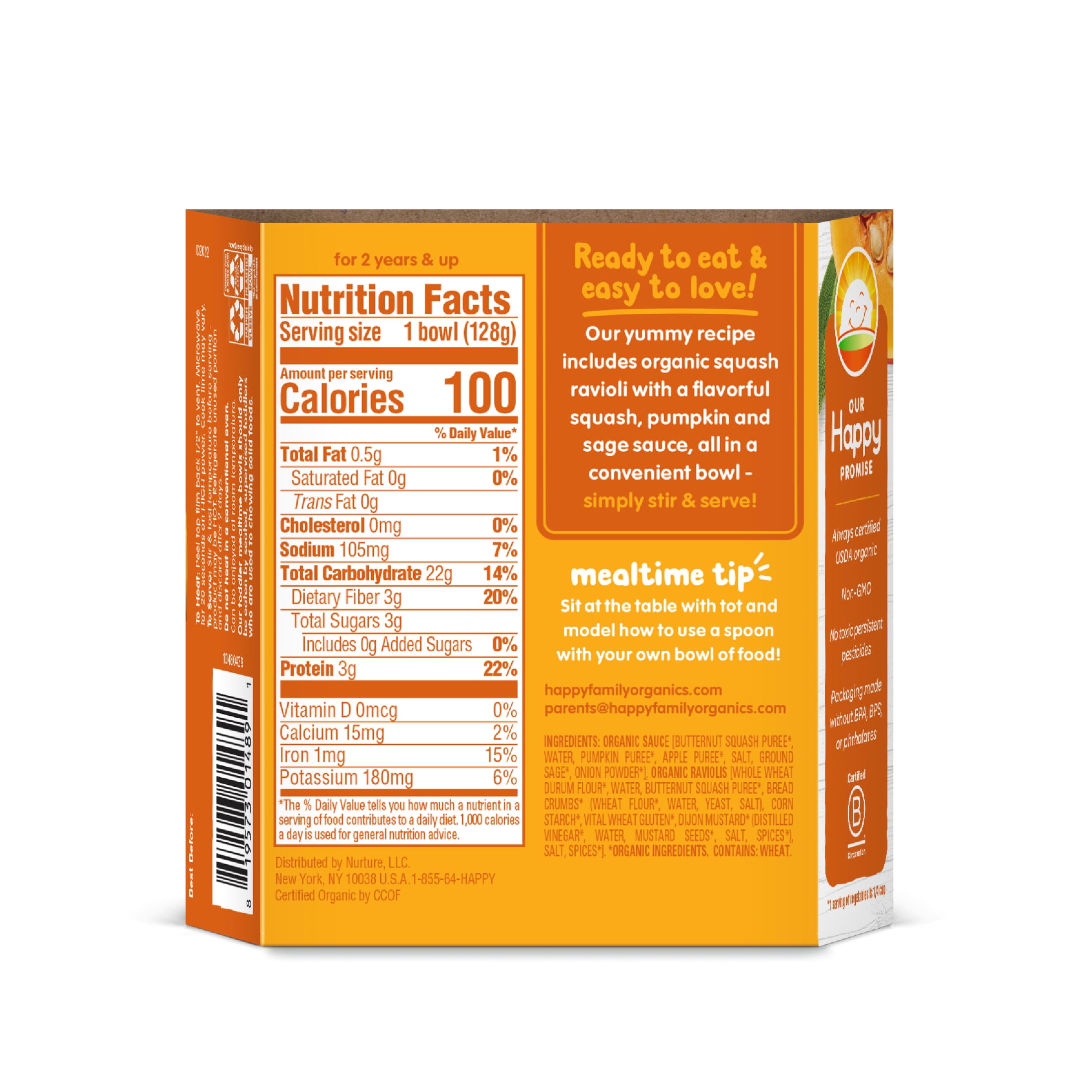 (4 pack) Happy Tot Organics, Toddler Mealtime Bowl, Organic Squash Ravioli with Pumking Squash & Sage Sauce, 4.5 oz