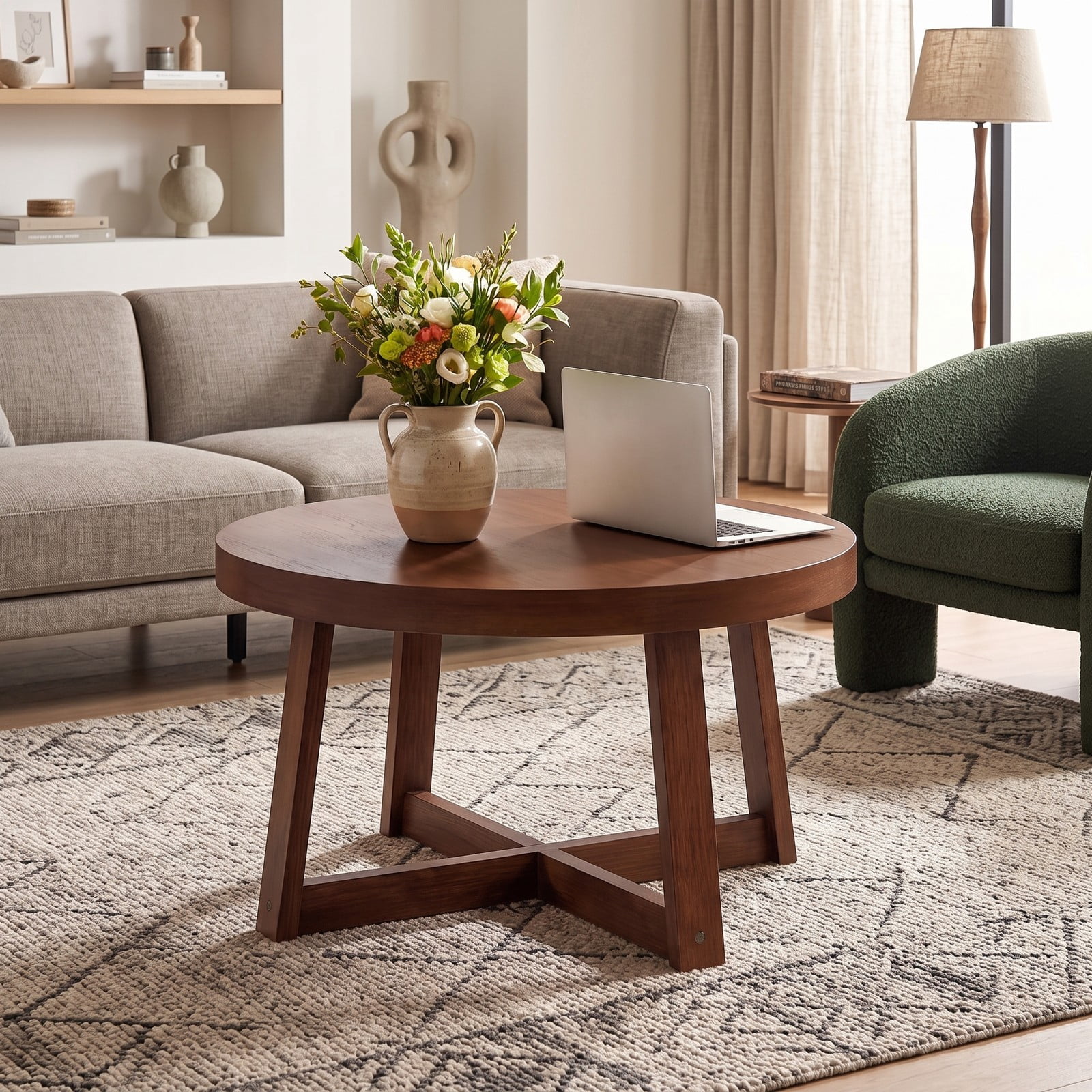 Furnibear Round Coffee Table for Living Room, 30 Inch Farmhouse Accent Table with Solid Rubber Wood Legs, X-Shaped Base, Round Center Cocktail Table for, Walnut