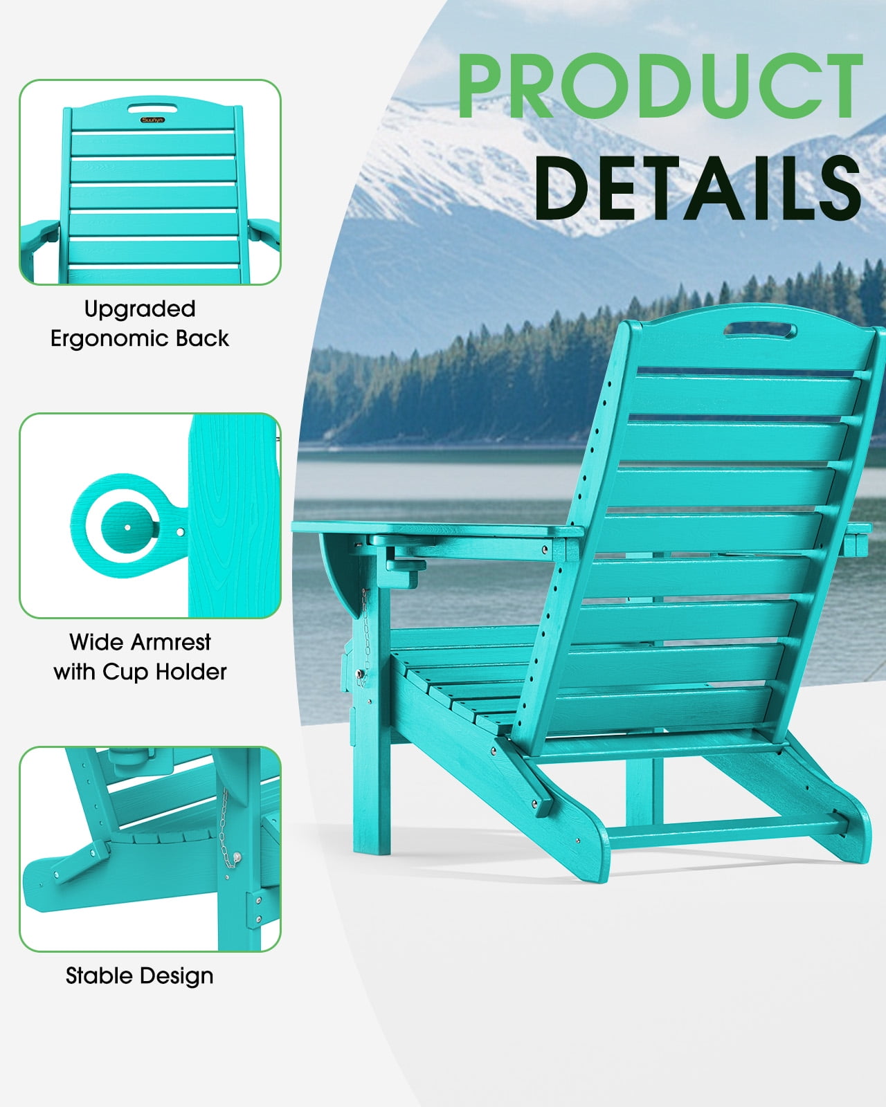 Folding Adirondack Chair Set of 2 Outdoor Fire Pit Chairs HDPE All-Weather with Cup Holder Patio Garden Blue