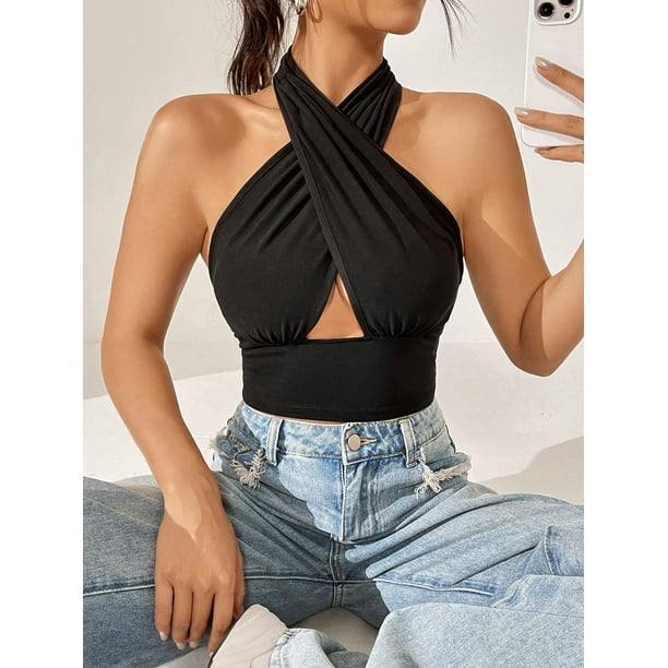 Women's Criss Cross Halter Crop Tops Wrap Top Backless Slim Fit