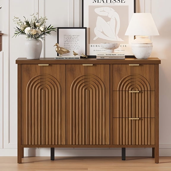 Sideboard Buffet Cabinet with Storage, Accent Coffee Bar Cabinet with Drawers & Doors, Fluted Kitchen Storage Cabinets with Adjustable Shelf, Walnut Brown