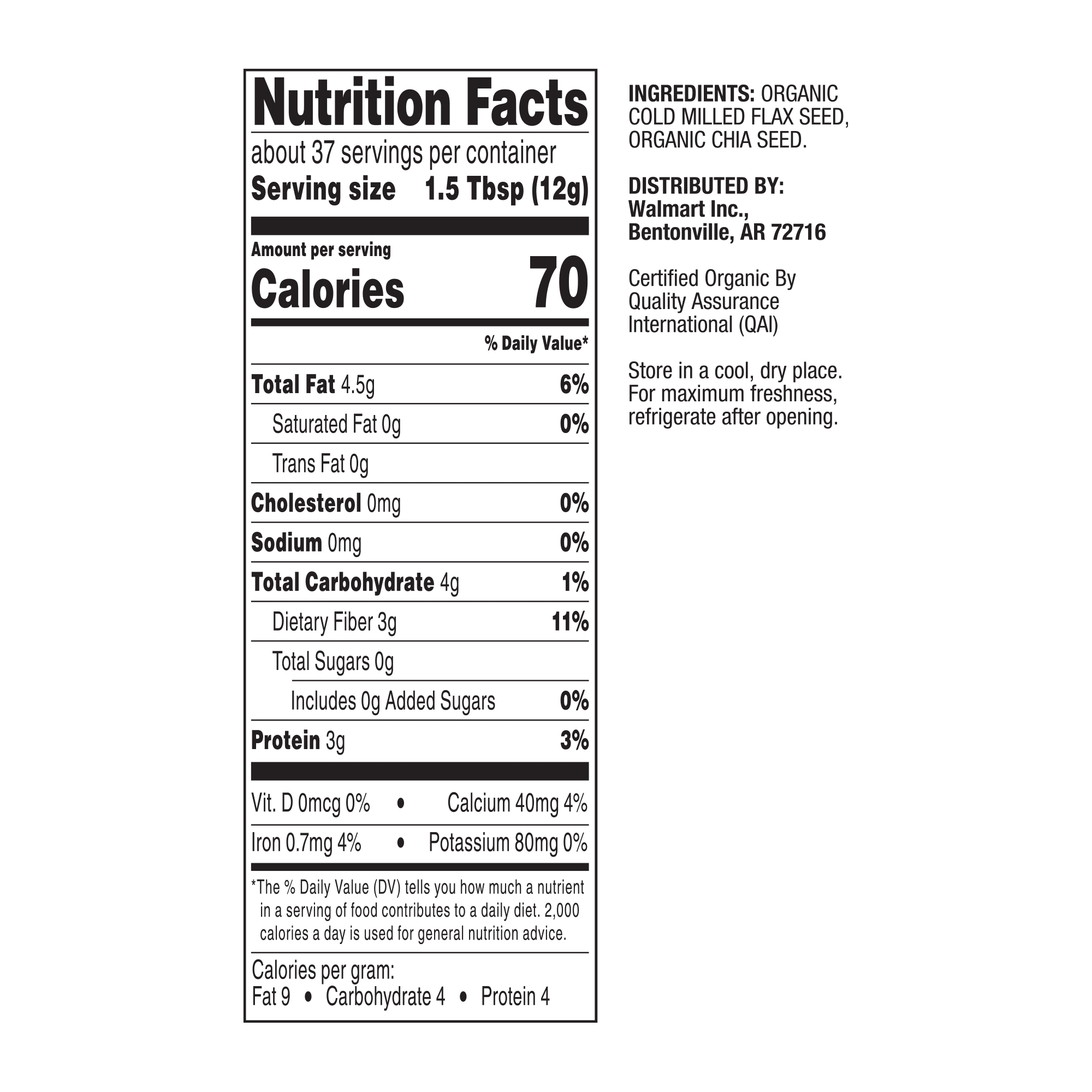 Great Value Organic Cold Milled Ground Flax and Chia Seed Blend with No Allergen 16 oz