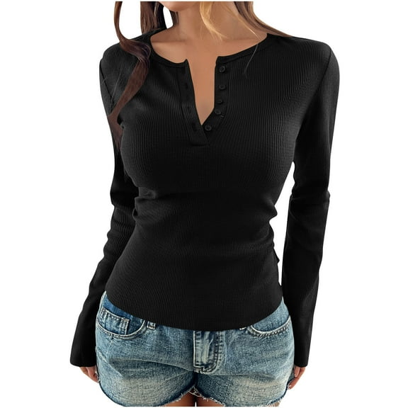 Womens Henley Neck Shirts Ribbed Knit Pullover Tops Button Down Slim Fit Cotton Top Cute Basic Tees Fashion Solid Long Sleeve Clothes
