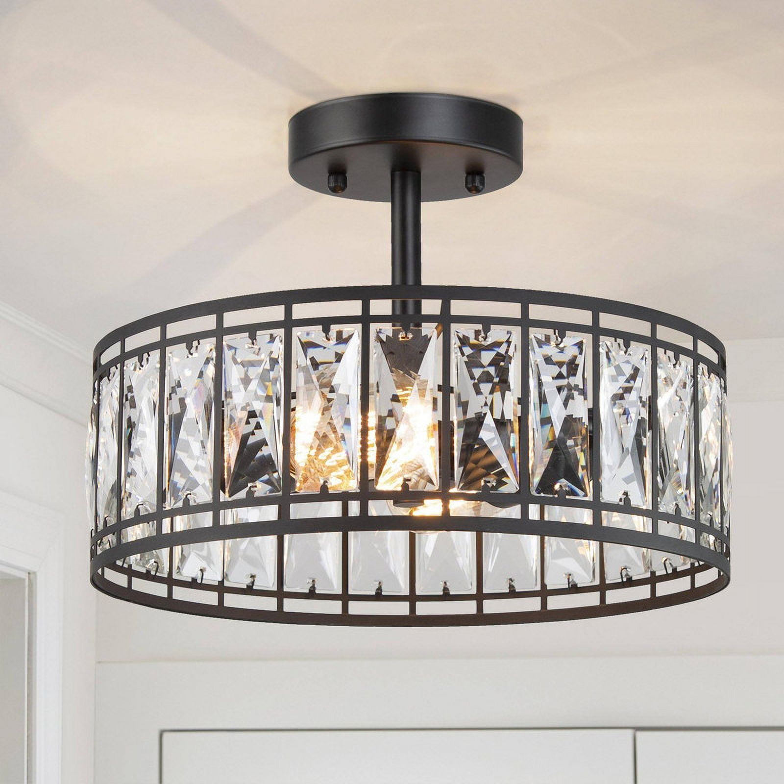 LNC 2-Light Matte Black Semi Flush Mount with Crystal Accents, Modern Ceiling Light
