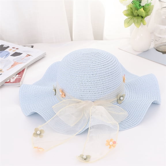 Straw Summer Hat Women's Floppy Sun Hat Wide Brim Beach Bow Hat Light Blue