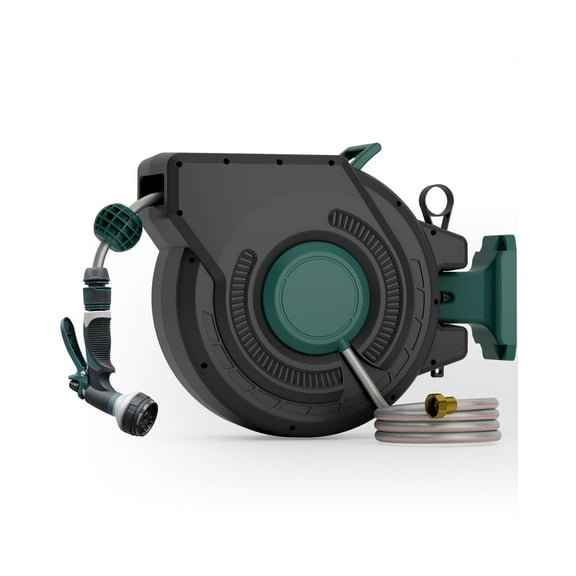 (100ft) Retractable Garden Hose Reel with 8-Pattern Spray Nozzle, Automatic Rewind, UV-Resistant PVC Hose, Wall-Mounted with 180° Swivel Bracket