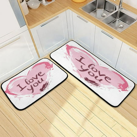 

Kitchen Rug Set 2 Pieces Non Slip Kitchen Mat for Kitchen Home Floor Sink 47 x19 +27 x19 Pink Heart Pattern
