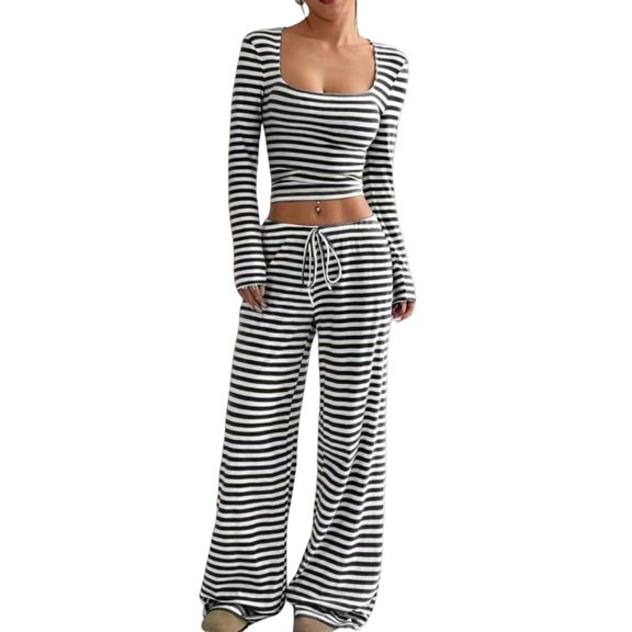 Aellinatey Womens Striped 2 Piece Sets Square Neck Top Cropped Tunic Wide Leg Pants Casual Lounge Sweatsuits Vacation Clothes