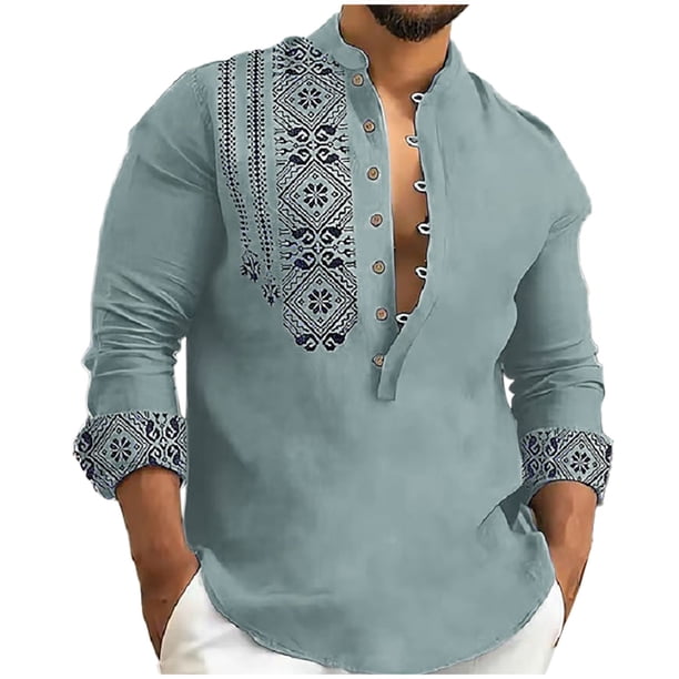 Blusas y camisas de manga larga con cuello en V, chaqueta de algodón y lino para hombre, camisa de manga larga estampada, cárdigan con botones, blusa para hombre