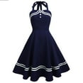 thumbnail image 2 of HKEJIAOI Liquidation d'Économies Robes Décontractées pour Femmes Cadeau de Noël Femmes Robe Évasée à Rayures à Col Licou Robe Sans Manches à Col Rond Bleu Foncé, 2 of 7