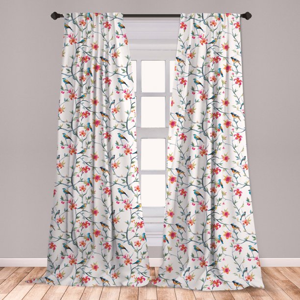 Watercolor Curtains 2 Panels Set, Birds on Branches with ...