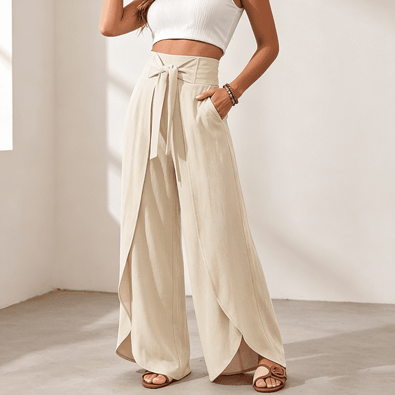 Morttic Women's High Waist Wide Leg Pants – Tie Waist Slit Design Solid Loose Boho Summer Beach Vacation Flared Trousers Beige,S