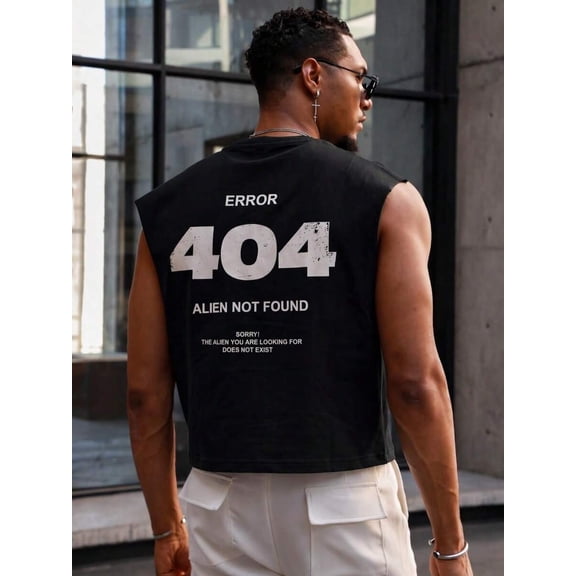 Black Mens Cropped Muscle Tank Top With Error 404 Alien Not Found Graphic Print, Streetwear Sleeveless Vest