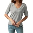 thumbnail image 6 of Womens Going Out Tops Casual V-Neck Cuffed Elbow-Length Sleeve Tshirts Loose Ribbed Knitted Solid Color Soft Basic Pullover Blouses Tees, 6 of 8