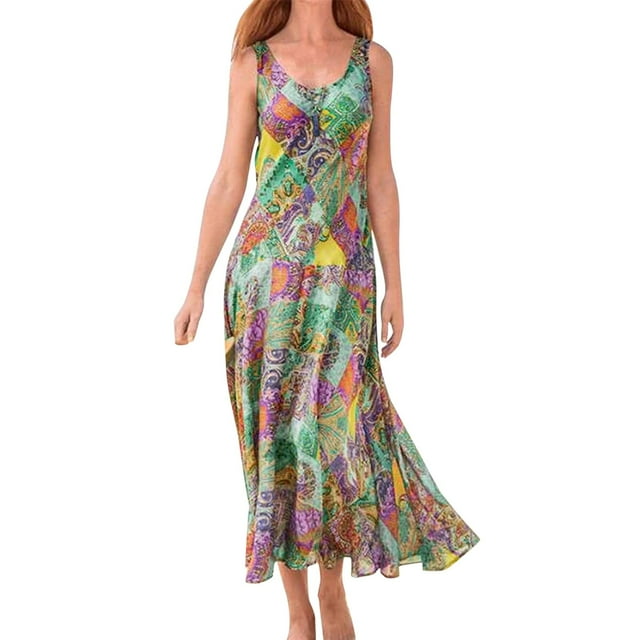 TJAZFJPA Robes à Motifs pour Femmes Mode Maxi Robes pour Femmes Été Sans Manches Boho Robe Décontractée Col en U Longues Robes de Plage Vacances Robe Noire Serrée Longue Robe de Soirée pour Femmes