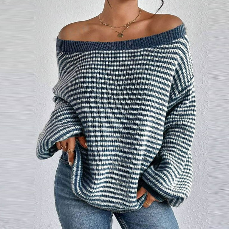 Annhoo Off the Shoulder Sweater for Women Trendy Stripe Long