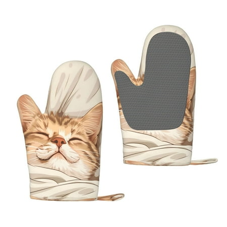 

Lukts Sleeping Cat In Blanket for Silicone Anti-Scalding Gloves Kitchen Lanyard Gloves for Grilling Baking Cooking