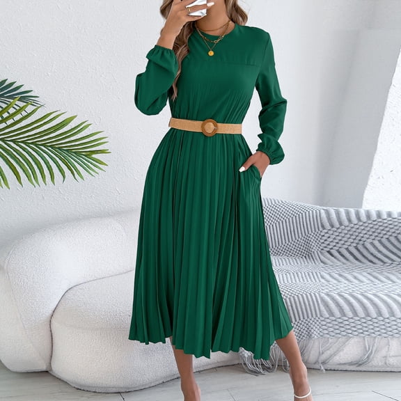 Gamivast Modest Dresses for Women Long Sleeve Round Neck Solid Pleated Dress High Waist Midi Dress With Belt A-Line Flowy Dress Church Work Office