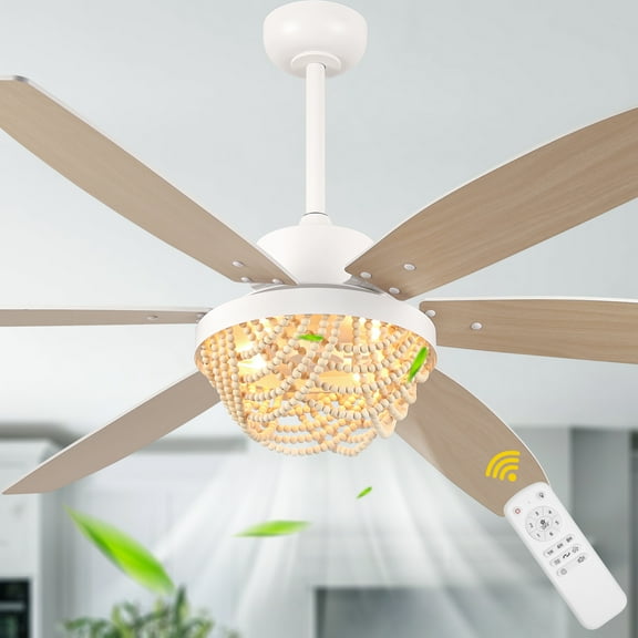 Bella Depot 65" Bohemia White Wooden Large Ceiling Fan with Light and Remote 6-Speed Reversible Chandelier Fan
