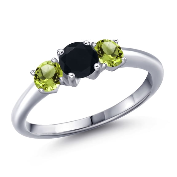 Gem Stone King 925 Sterling Silver Black Onyx and Green Peridot Engagement Ring for Women | 1.08 Cttw | Round 5MM | Gemstone December Birthstone | Size 7