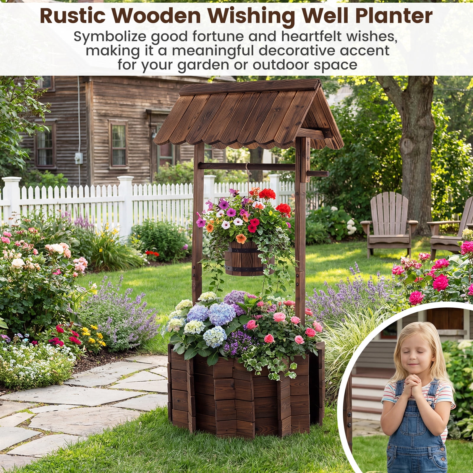Costway Outdoor Wooden Wishing Well Bucket Flower Plants Planter Patio Garden Home Decor