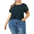 thumbnail image 4 of Agnes Orinda Women's Plus Size Tops Lace Panel Hollow Short Sleeves Spring Summer Solid Blouses 2X Dark Blue, 4 of 7