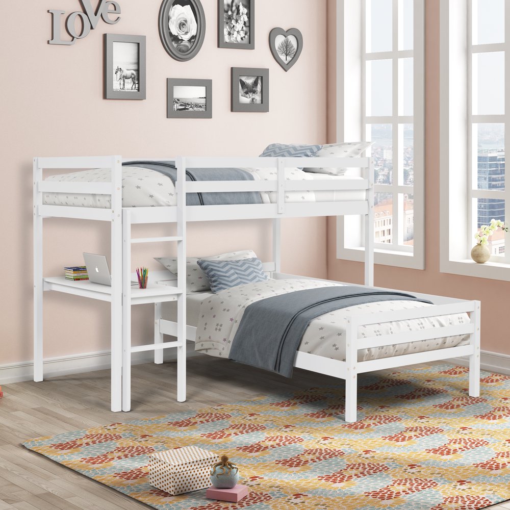 L Shape Bunk Bed with Desk and Ladder, Twin over Twin Wood L Shaped
