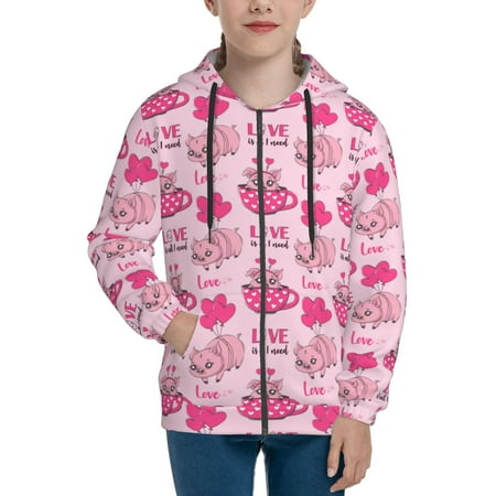 

Hoodies for Women Cute Pig With Tea Cup Balloon Long Sleeve Sweatshirt Drawstring Zip Up Hoodie with Pockets Teen Girl Clothes